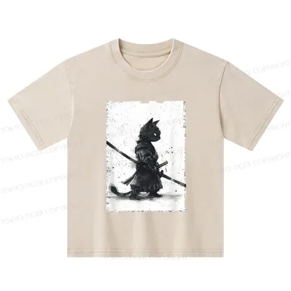Tokyo-Tiger Retro Cat Samurai Japanese Kids Washed T-Shirt