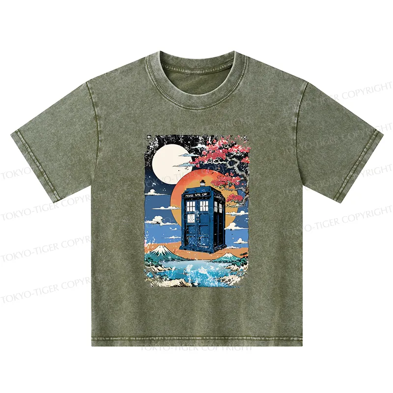 Tokyo-Tiger Tardis Under The Moonlight Kids Washed T-Shirt