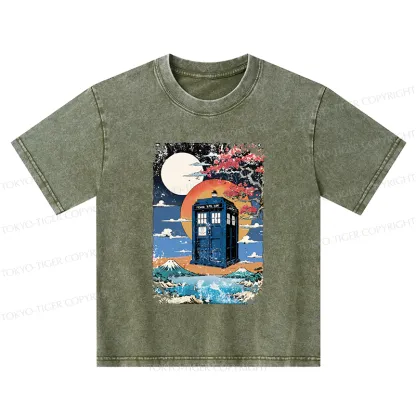 Tokyo-Tiger Tardis Under The Moonlight Kids Washed T-Shirt