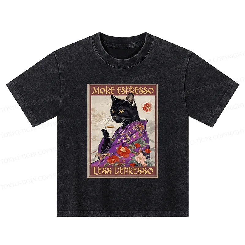 Tokyo-Tiger Japanese Cat Drinking Coffee Kids Washed T-Shirt