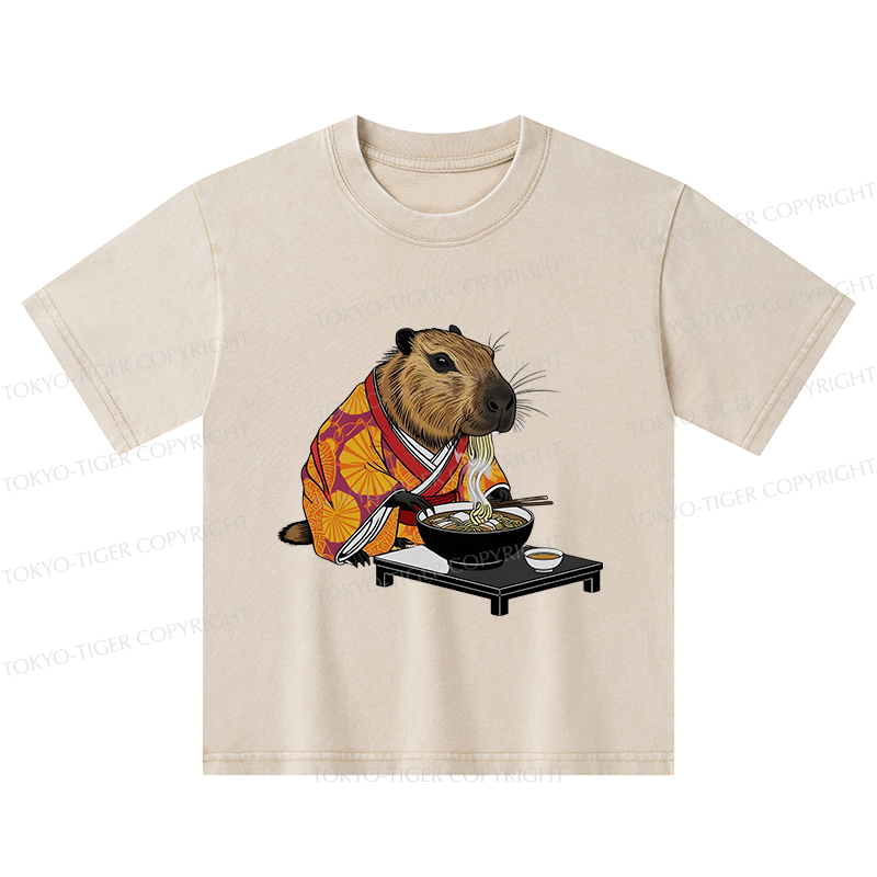 Tokyo-Tiger Cute Capybara Eating Ramen Kids Washed T-Shirt
