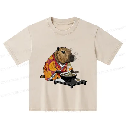 Tokyo-Tiger Cute Capybara Eating Ramen Kids Washed T-Shirt