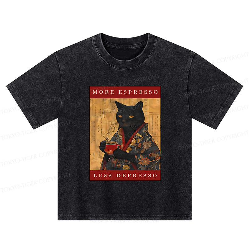 Tokyo-Tiger More Espresso Less Depresso Cat Kids Washed T-Shirt