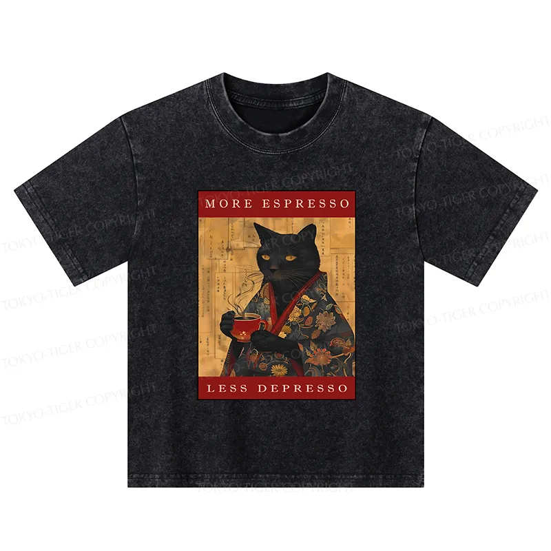Tokyo-Tiger More Espresso Less Depresso Cat Kids Washed T-Shirt