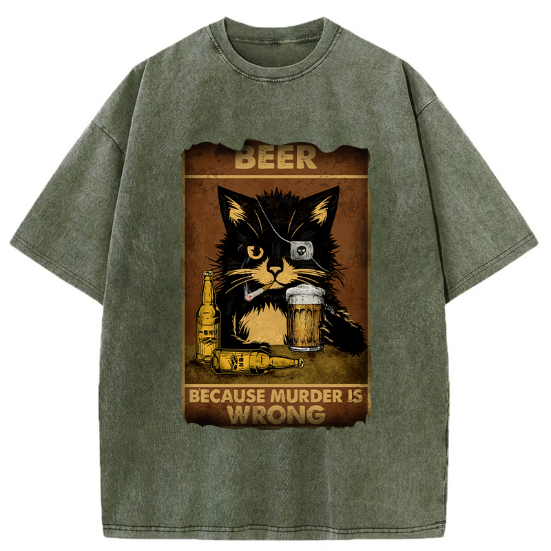 Tokyo-Tiger Black Cat Drinking Beer Washed T-Shirt