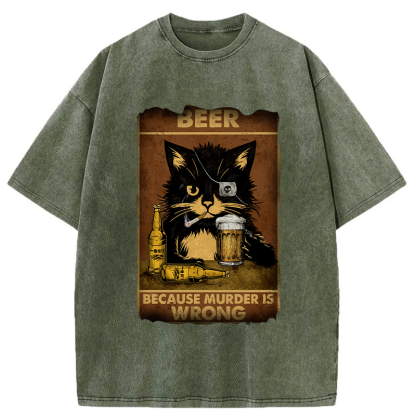 Tokyo-Tiger Black Cat Drinking Beer Washed T-Shirt