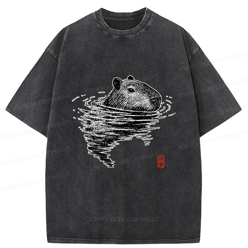 Tokyo-Tiger Swimming Capybara Washed T-Shirt