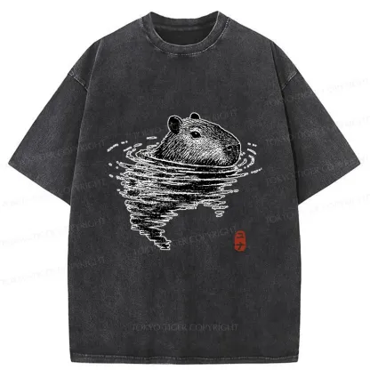 Tokyo-Tiger Swimming Capybara Washed T-Shirt
