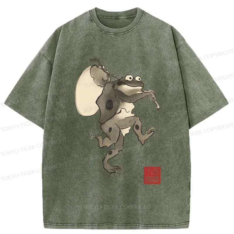 Tokyo-Tiger Funny Retro Frog Washed T-Shirt