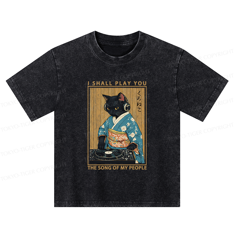 Tokyo-Tiger Funny Playing Music Black Cat Kids Washed T-Shirt