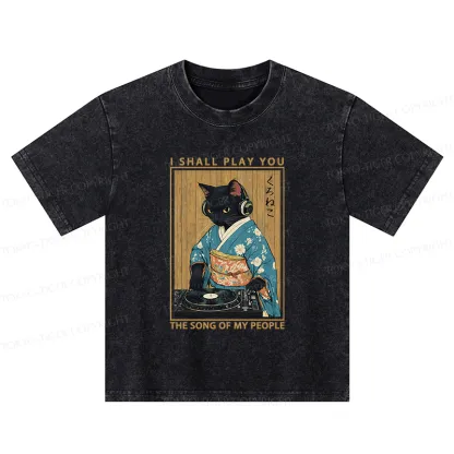 Tokyo-Tiger Funny Playing Music Black Cat Kids Washed T-Shirt