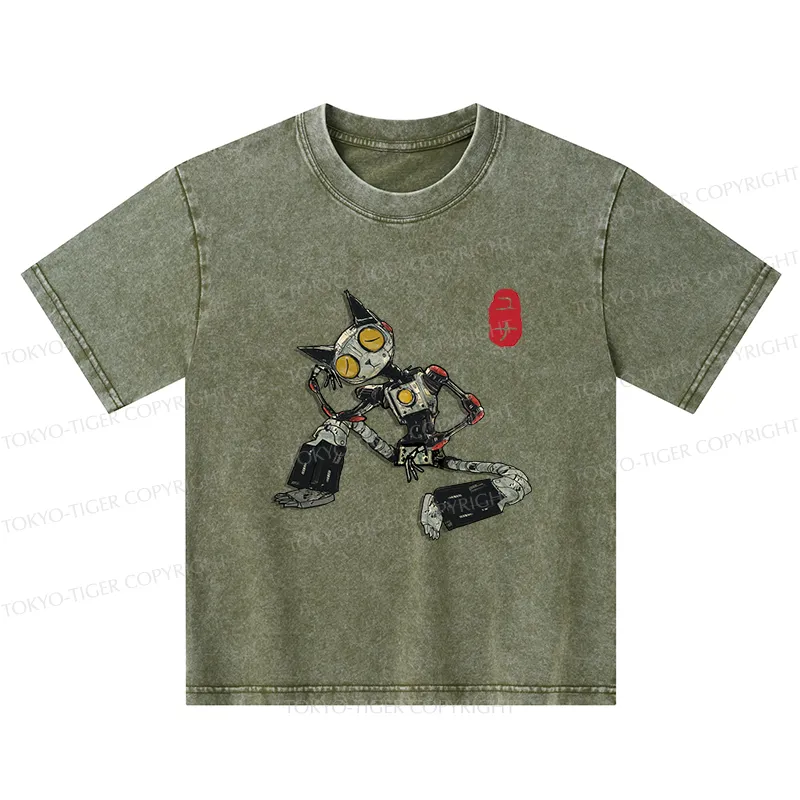 Tokyo-Tiger Contemplative Robot Cat Kids Washed T-Shirt