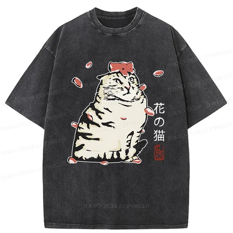 Tokyo-Tiger Cat And Sakura Washed T-Shirt