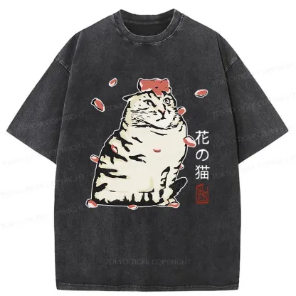 Tokyo-Tiger Cat And Sakura Washed T-Shirt