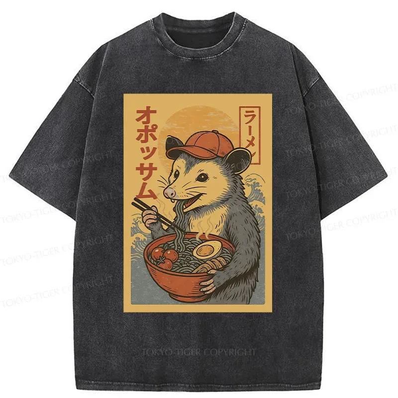 Tokyo-Tiger Opossum Eat Ramen Washed T-Shirt