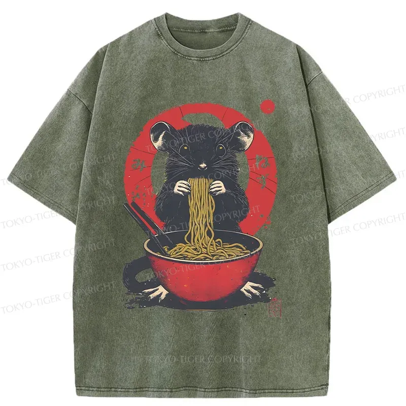 Tokyo-Tiger Mouse Eating Ramen Washed T-Shirt