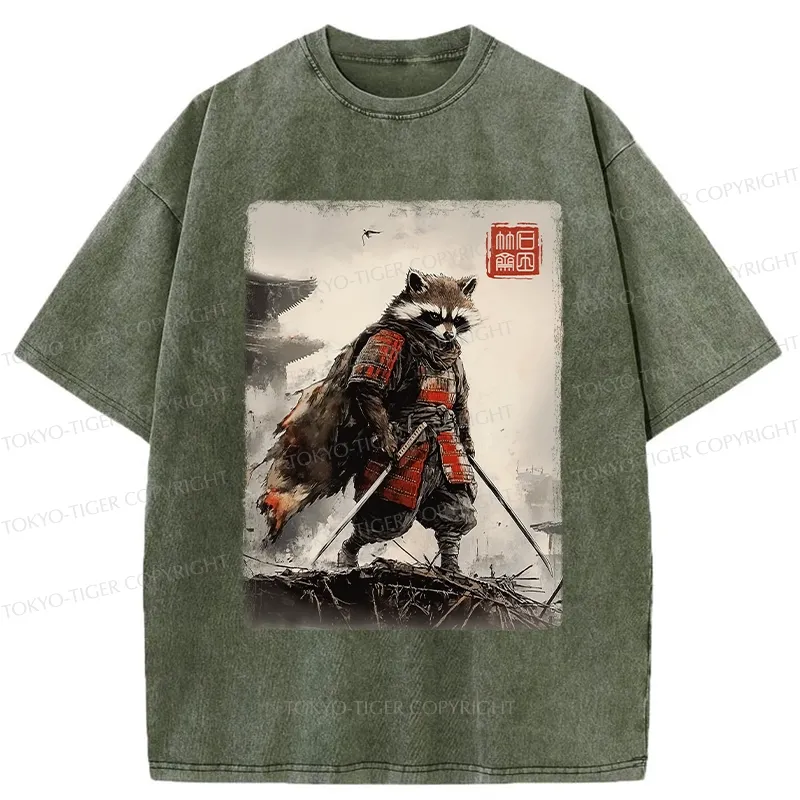 Tokyo-Tiger Retro Raccoon Samurai Washed T-Shirt