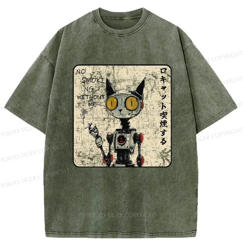 Tokyo-Tiger Smoking Robot Cat Washed T-Shirt