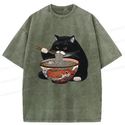 Tokyo-Tiger Fat Cat Eating Ramen Washed T-Shirt