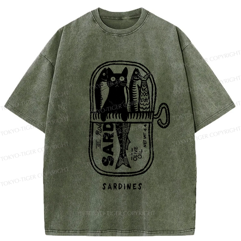 Tokyo-Tiger Cat Hiding In A Sardine Can Washed T-Shirt