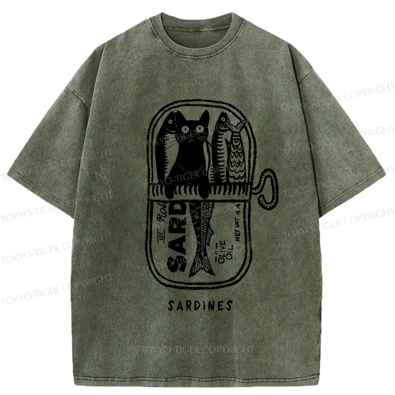 Tokyo-Tiger Cat Hiding In A Sardine Can Washed T-Shirt