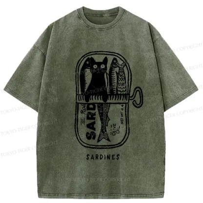 Tokyo-Tiger Cat Hiding In A Sardine Can Washed T-Shirt