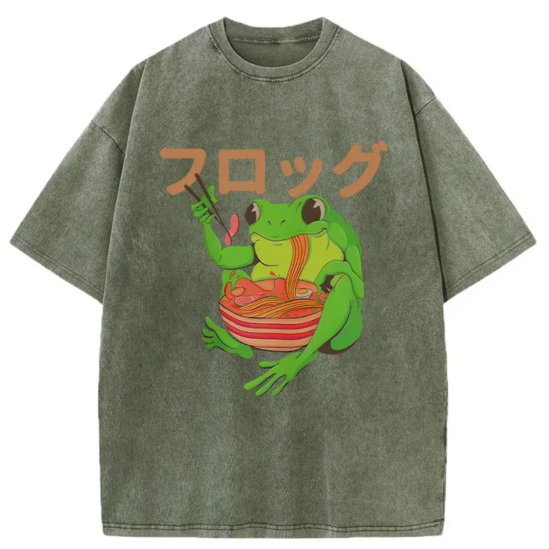 Tokyo-Tiger Frog Eating Ramen Japan Washed T-Shirt