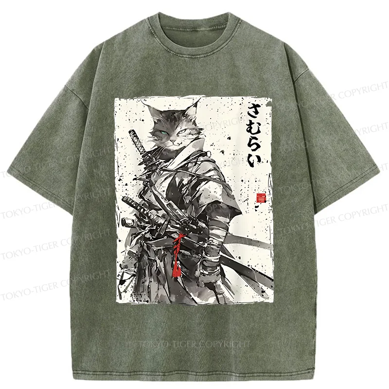 Tokyo-Tiger Retro Cat Samurai Washed T-Shirt