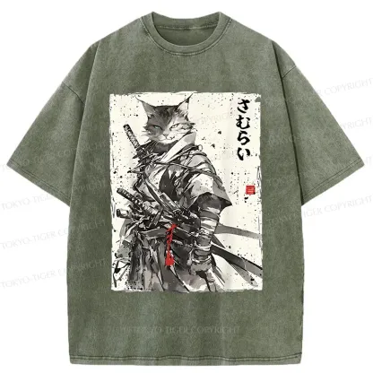 Tokyo-Tiger Retro Cat Samurai Washed T-Shirt