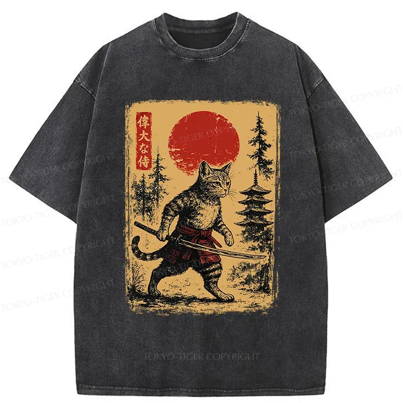 Tokyo-Tiger Stray Cat Samurai Washed T-Shirt