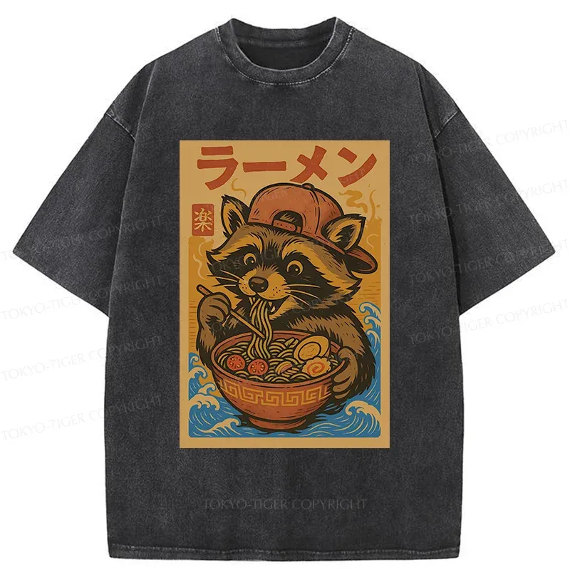 Tokyo-Tiger Cute Raccoon Eating Ramen Washed T-Shirt