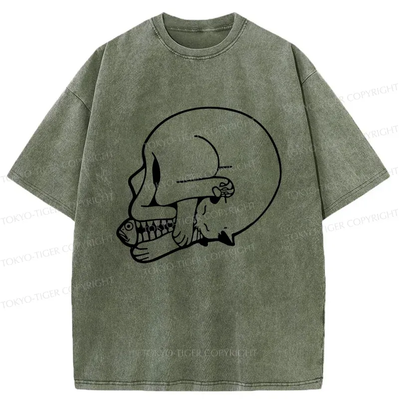 Tokyo-Tiger Funny Cat Eating Fish Washed T-Shirt