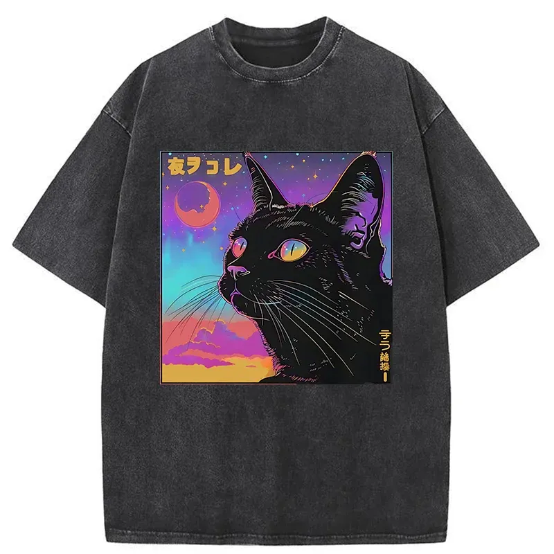 Tokyo-Tiger Cat Under The Stars Washed T-Shirt