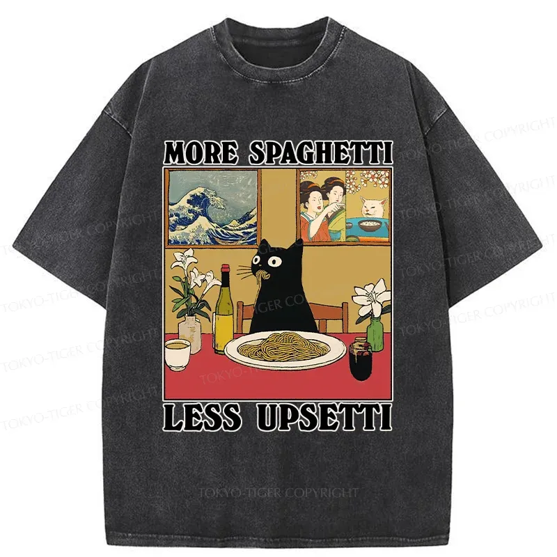 Tokyo-Tiger Cat Eating Pasta Washed T-Shirt