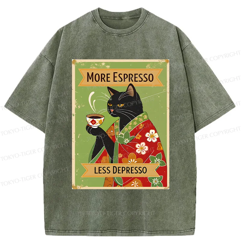 Tokyo-Tiger Cute Black Cat Drinking Coffee Washed T-Shirt