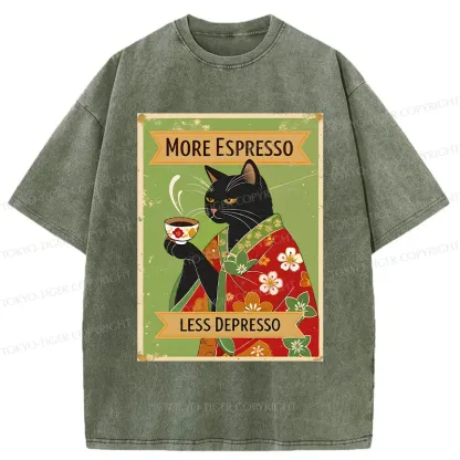Tokyo-Tiger Cute Black Cat Drinking Coffee Washed T-Shirt