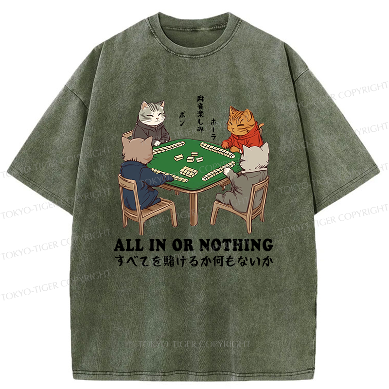 Tokyo-Tiger Cats Playing Mahjong Washed T-Shirt