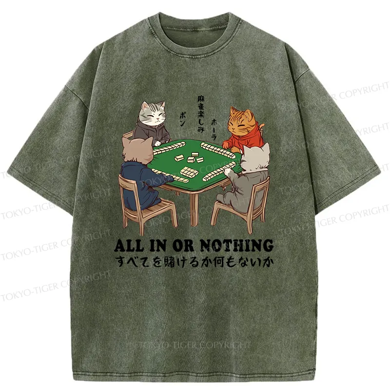 Tokyo-Tiger Cats Playing Mahjong Washed T-Shirt Sale