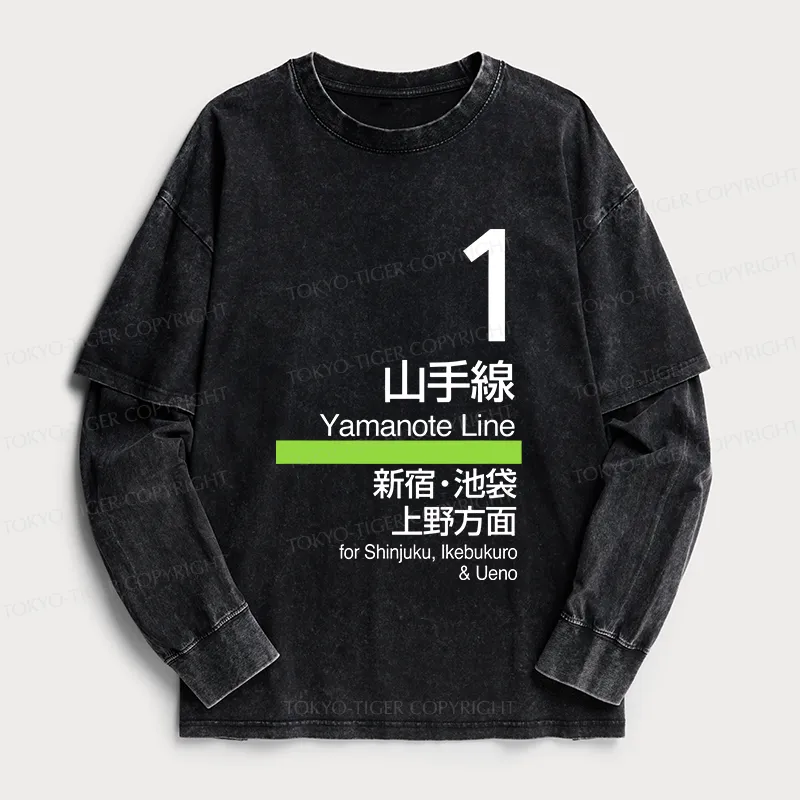 Tokyo-Tiger Tokyo Yamanote Line Platform Sign Washed Double Layer T-Sh