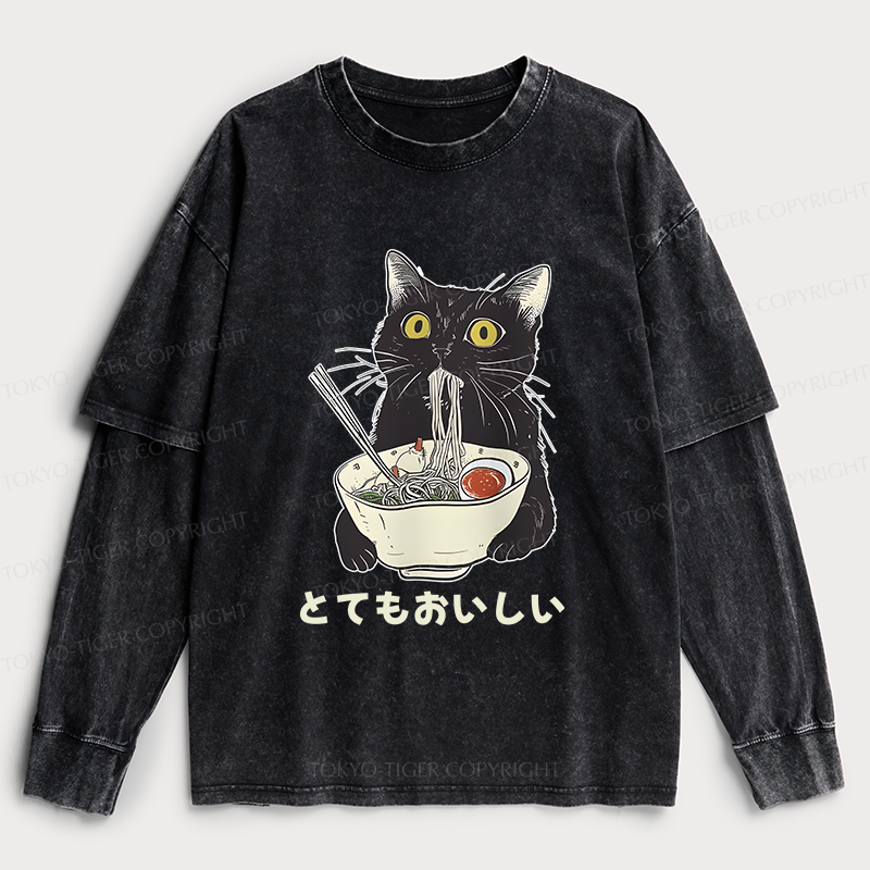 Tokyo-Tiger Cats Eat Ramen Noodles Washed Double Layer T-Shirt
