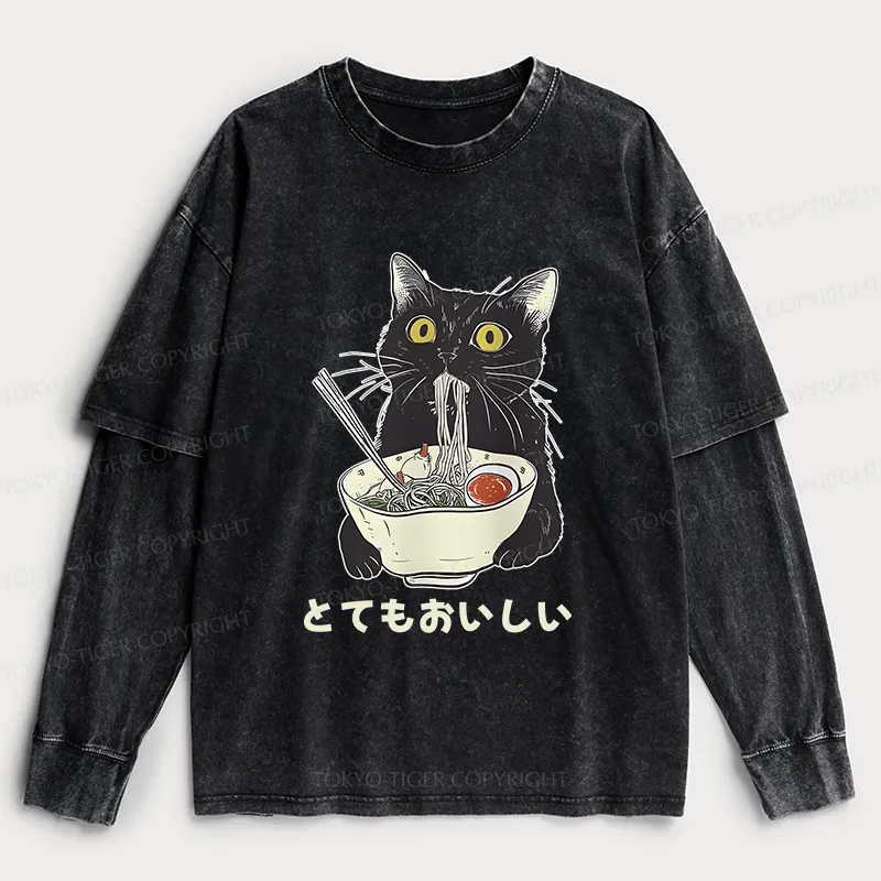 Tokyo-Tiger Cats Eat Ramen Noodles Washed Double Layer T-Shirt