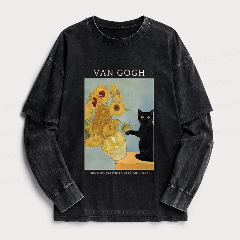 Tokyo-Tiger Black Cat With Sunflowers Washed Double Layer T-Shirt