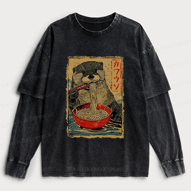 Tokyo-Tiger Otter Eating Ramen Japan Washed Double Layer T-Shirt