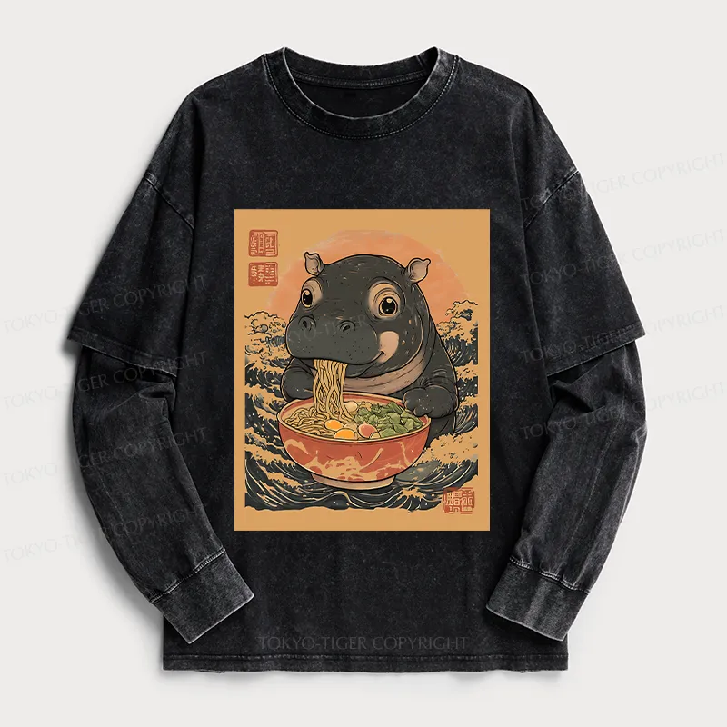 Tokyo-Tiger Moo Deng Eat Ramen Washed Double Layer T-Shirt