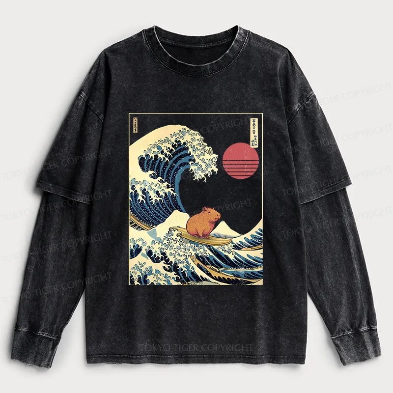 Tokyo-Tiger Capybara Surfing Washed Double Layer T-Shirt