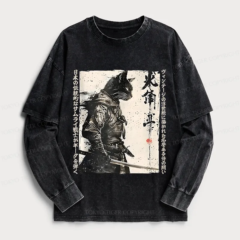 Tokyo-Tiger Cat Samurai Retro Washed Double Layer T-Shirt