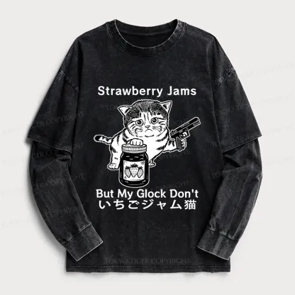 Tokyo-Tiger Strawberry Jam Cat Washed Double Layer T-Shirt