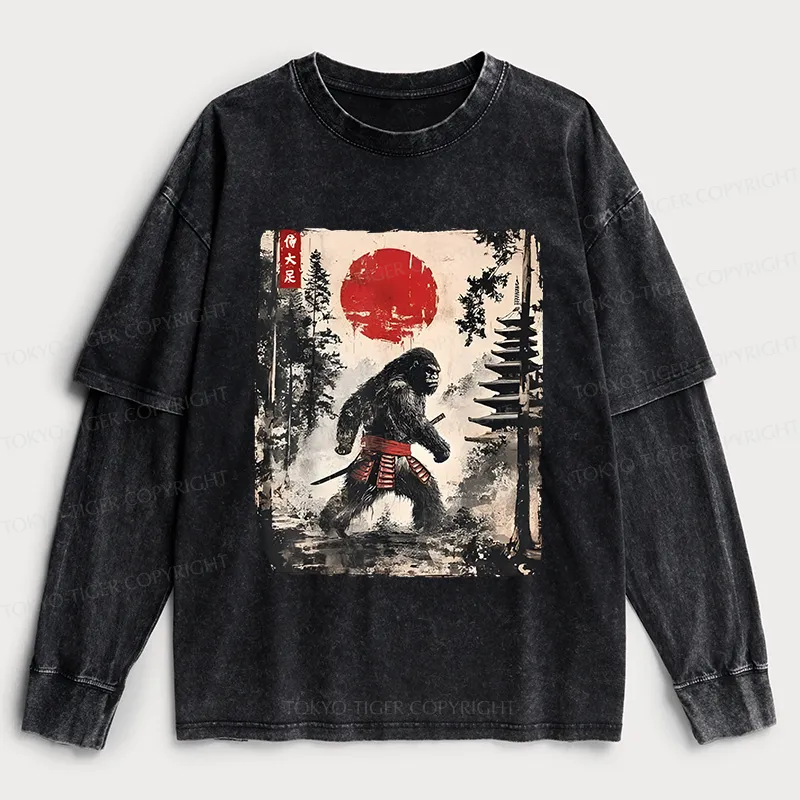 Tokyo-Tiger Japanese Samurai Bigfoot Washed Double Layer T-Shirt