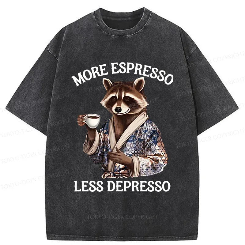 Tokyo-Tiger Raccoon Drinking Coffee Washed T-Shirt