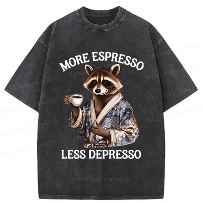 Tokyo-Tiger Raccoon Drinking Coffee Washed T-Shirt